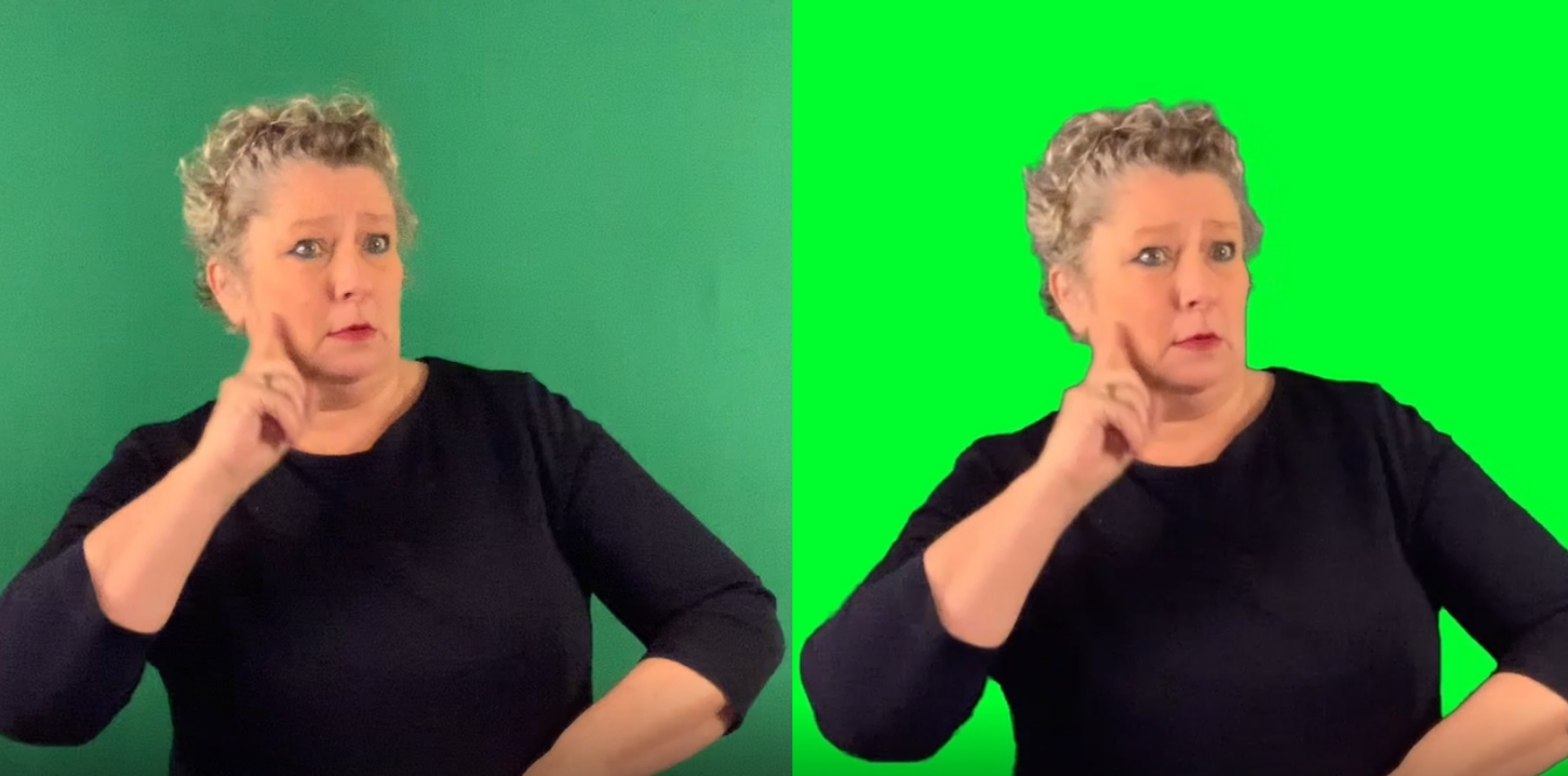 A BSL interpreter against a digital block colour green background